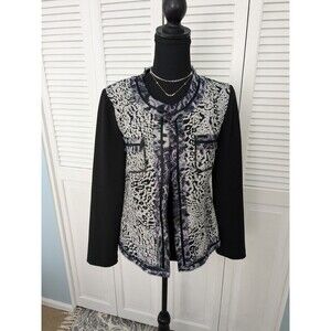 Chico’s Jacket Womens M (1) Black Gray Jacquard Chiffon Trim Open Animal Print